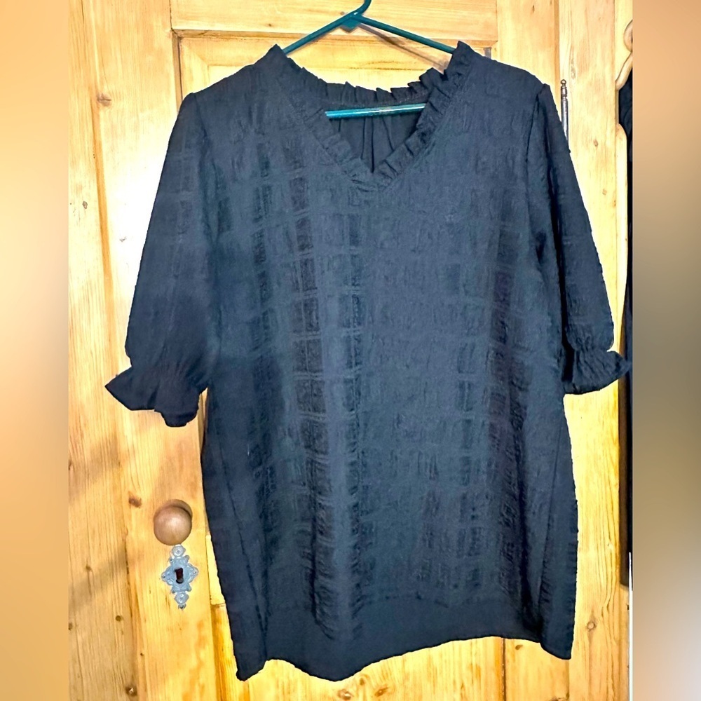 Black Ruffle V Neck Short Sleeves W/Ruffle Subtle Pattern Sz Lg Whimsigoth